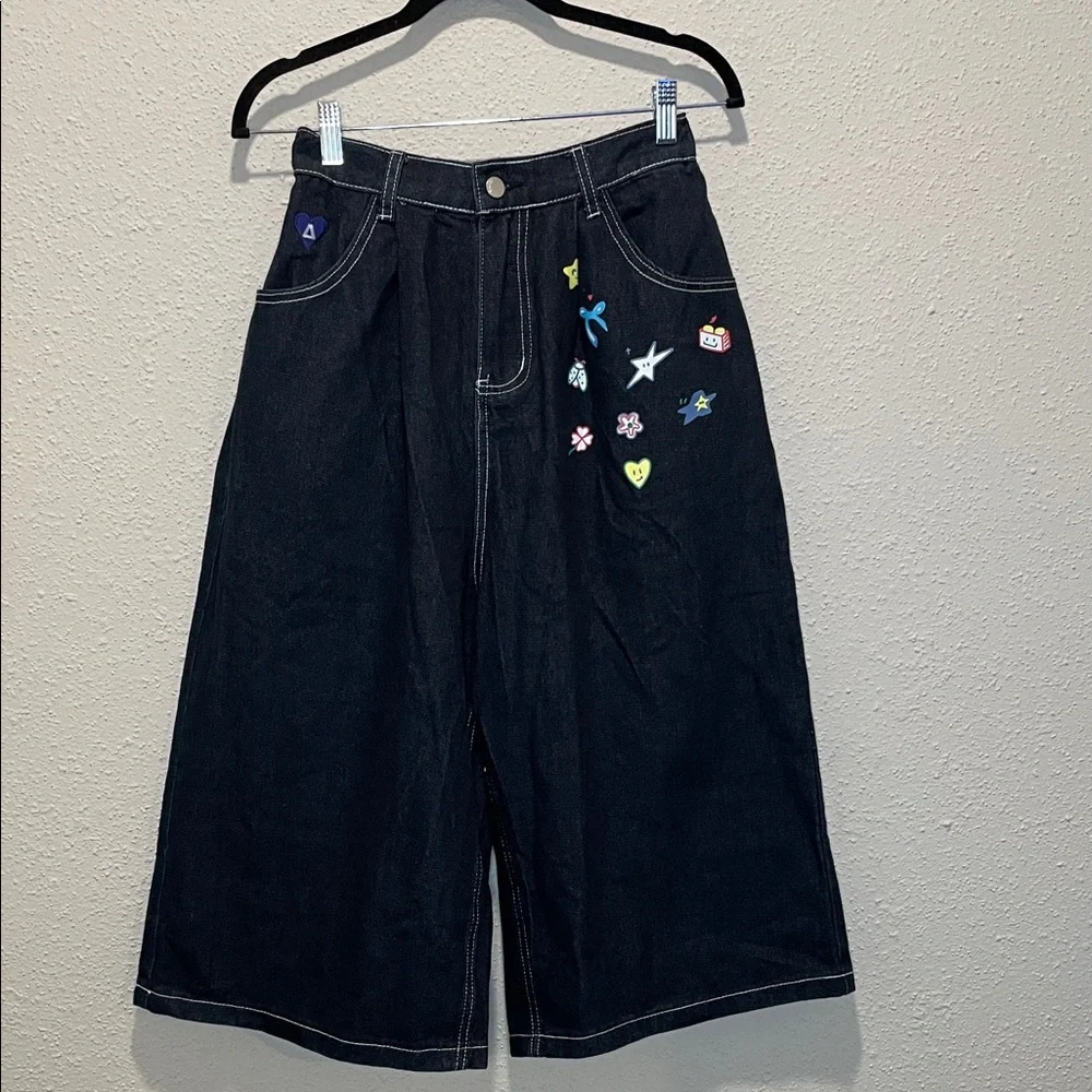 Aelfric Eden Black Wide Leg Cropped Jeans with Colorful Patches - Picture 1 of 8